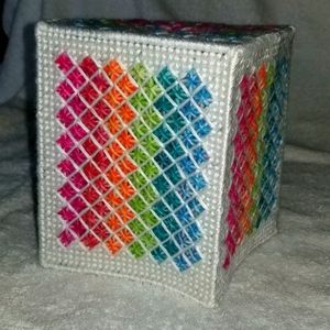 Rainbow & White Needlepoint Tissue Box Cover